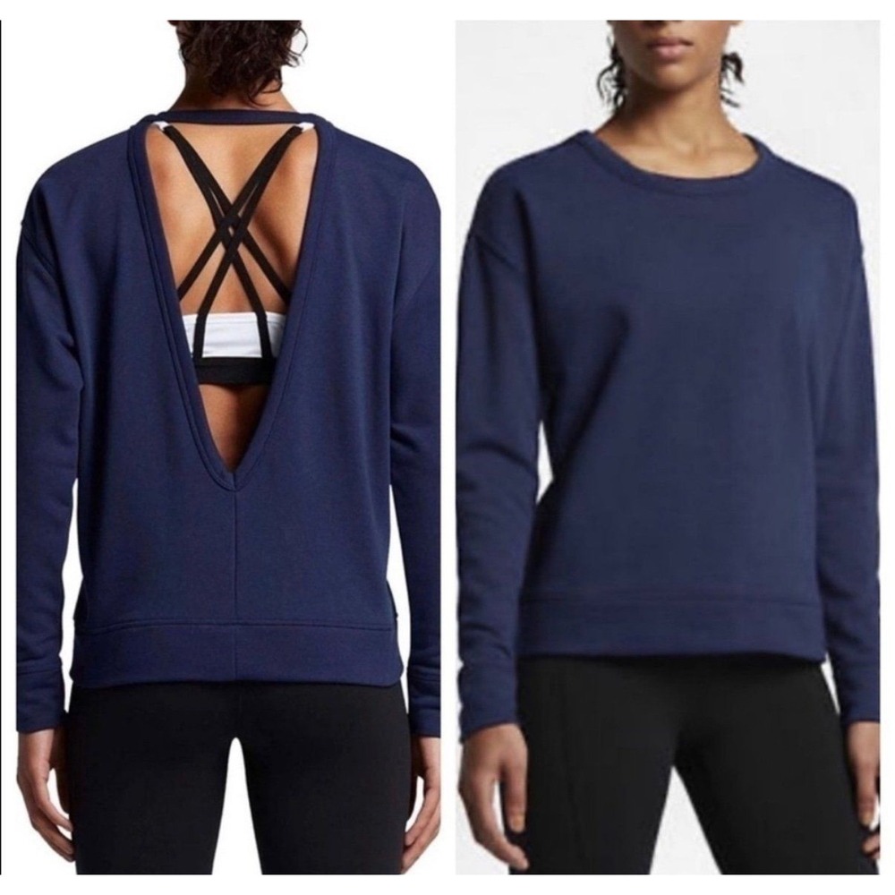 Nike Dri-FIT Women‎ Navy Blue Open Back V-Cutout Sweatshirt 938901-451 Small